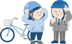 自転車のためにヘルメットを被る大人と子供